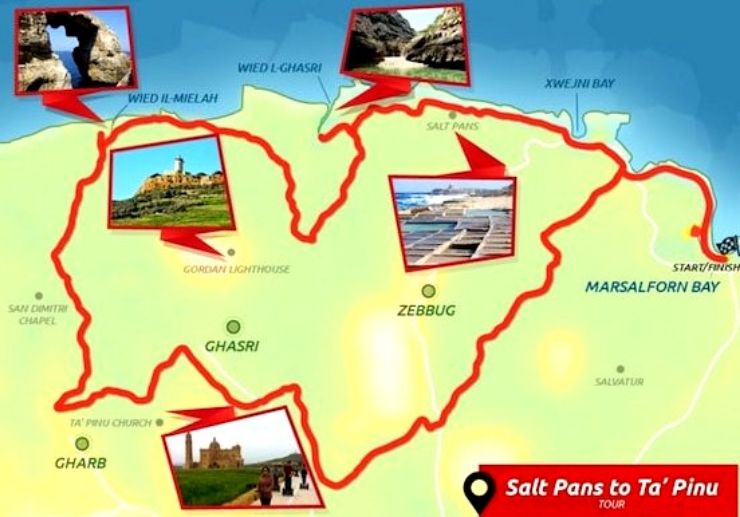 Salt pans to Ta' Pinu segway tour route map